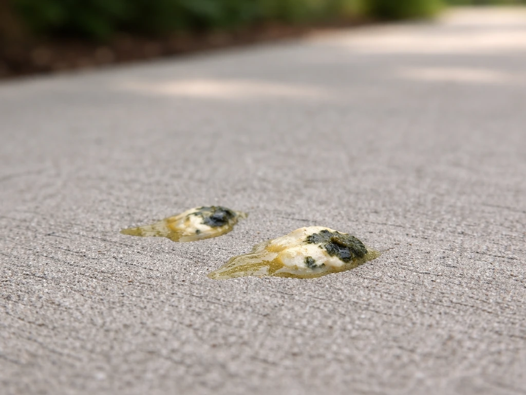 Close-up of yellowish bird droppings on a concrete surface with a soft outdoor background blur.