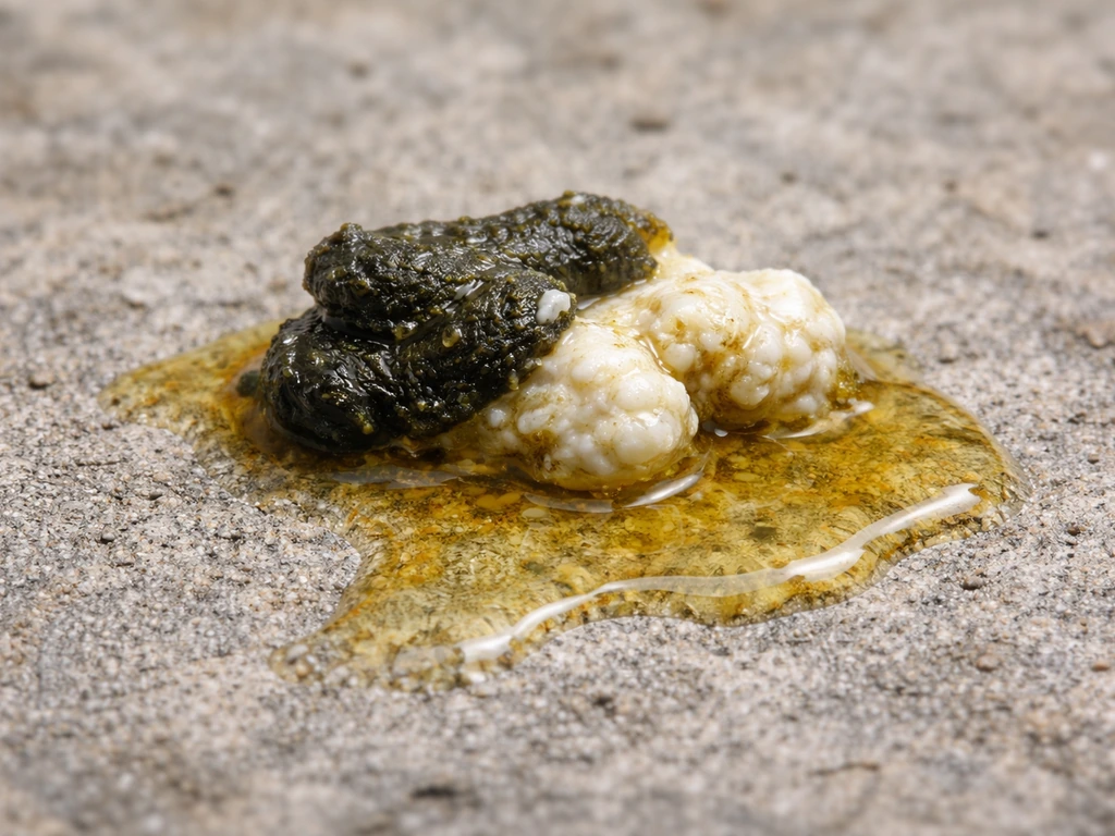 Macro close-up of bird droppings showing dark, creamy-white urate, and yellowish liquid parts.