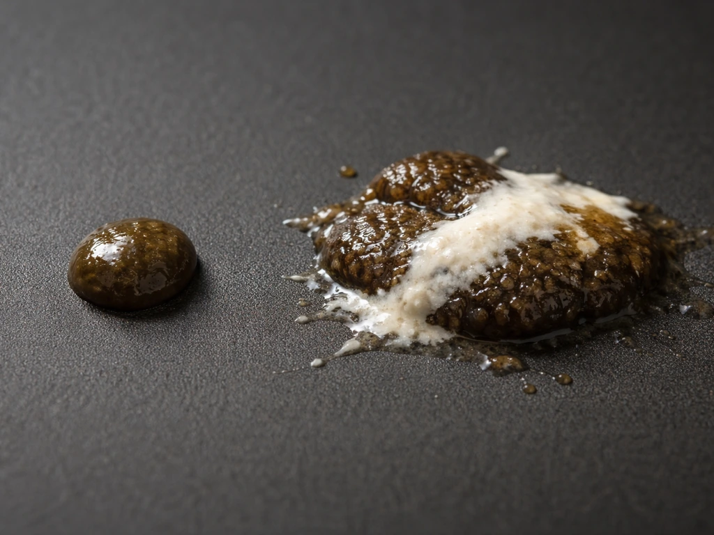 Macro close-up comparing pea-sized droplet droppings and larger splatter with white urate smear on dark surface