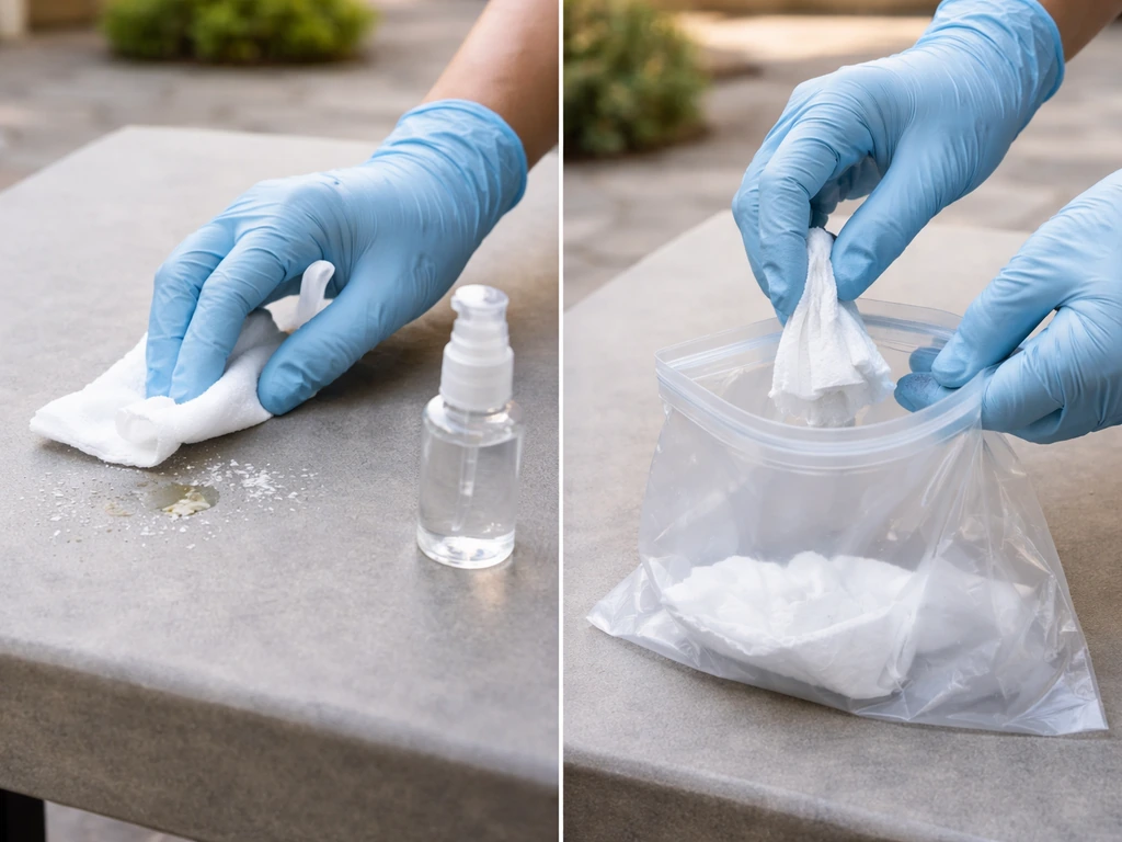 Gloved hands wiping bird droppings on a patio surface and discarding the wipe into a sealed bag