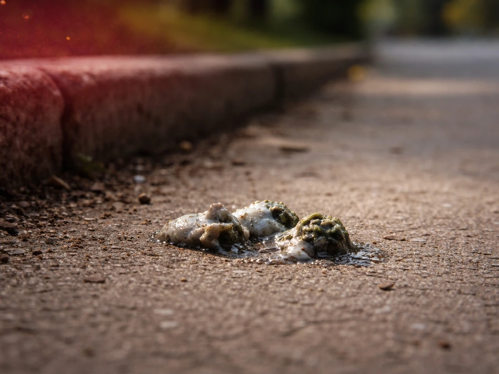 Close-up of bird droppings on a sidewalk surface, with subtle visual emphasis implying cleanliness risk and cleanup.