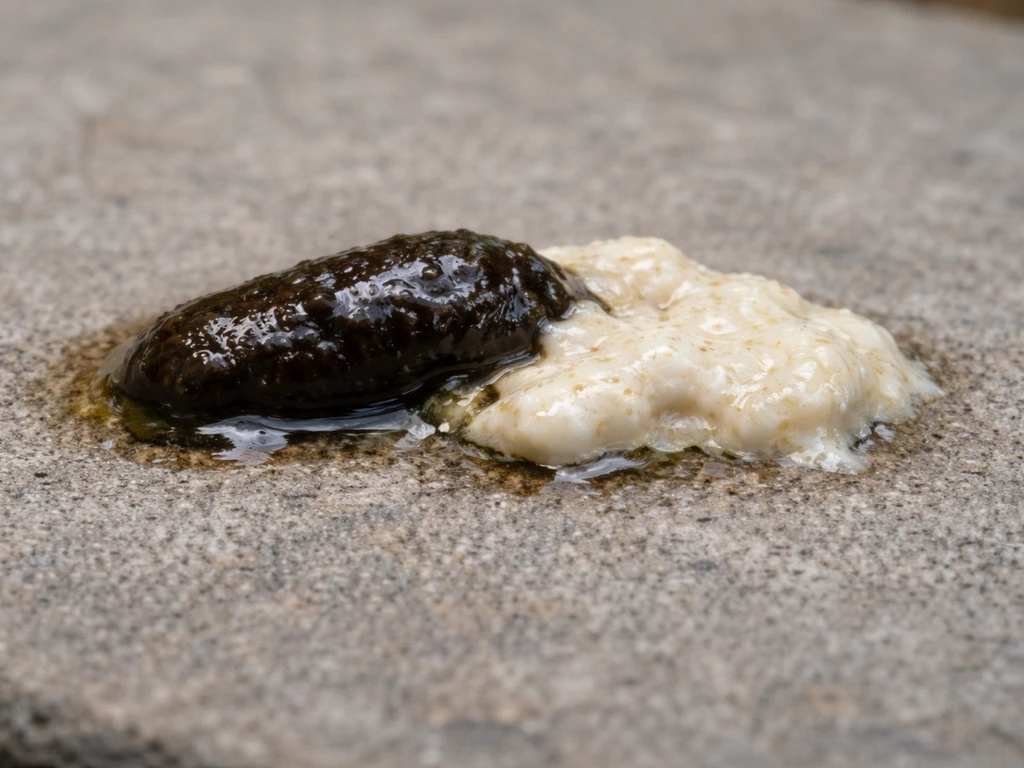 Close-up bird droppings split into dark fecal part and white urate paste on stone