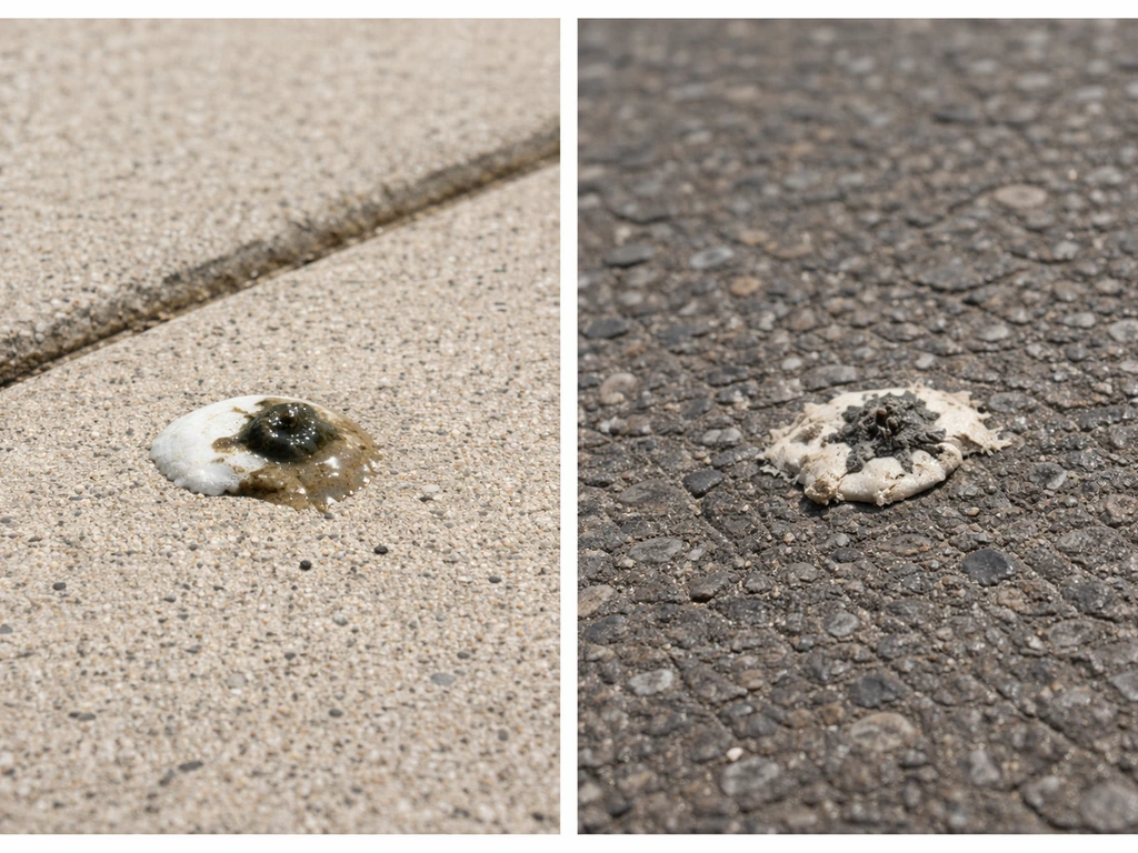 Fresh glossy bird dropping on pavement beside a matte, dried one on asphalt, showing texture difference.