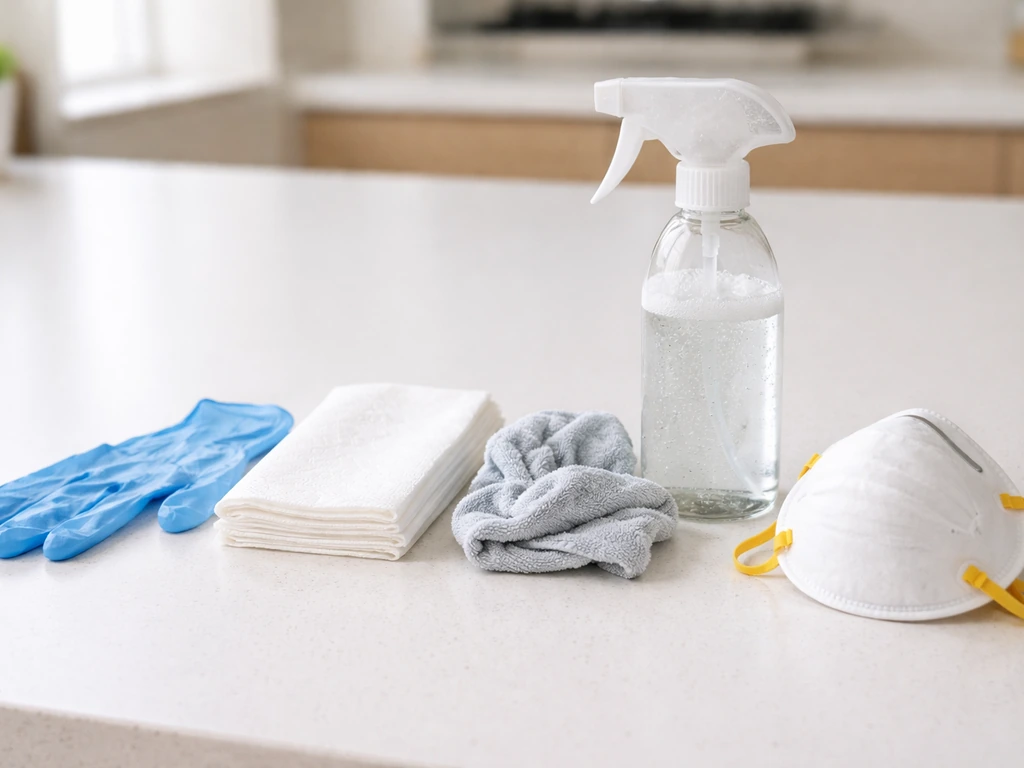 Disposable gloves, paper towels, a labeled-free spray bottle, rag, and an optional N95 respirator on a counter.