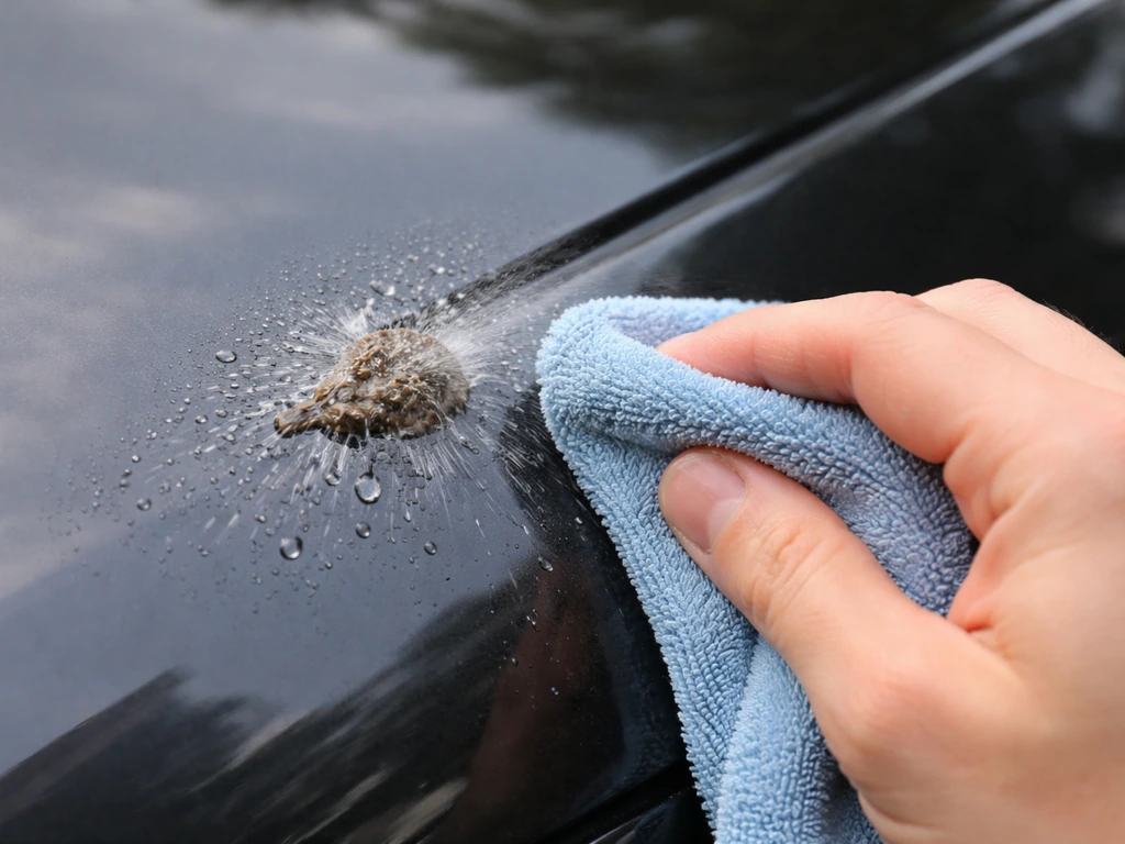 Microfiber cloth and water gently soaking a bird dropping on glossy car paint before wiping.
