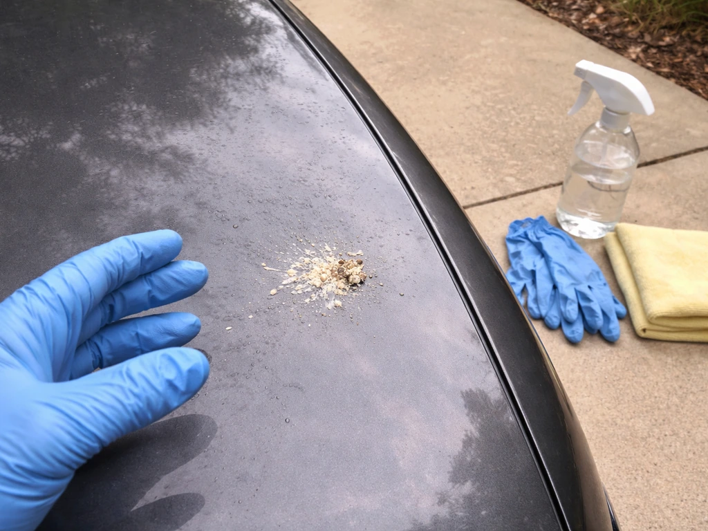 Car hood with bird droppings and nearby nitrile gloves, microfiber cloth, and spray bottle for safe cleanup.