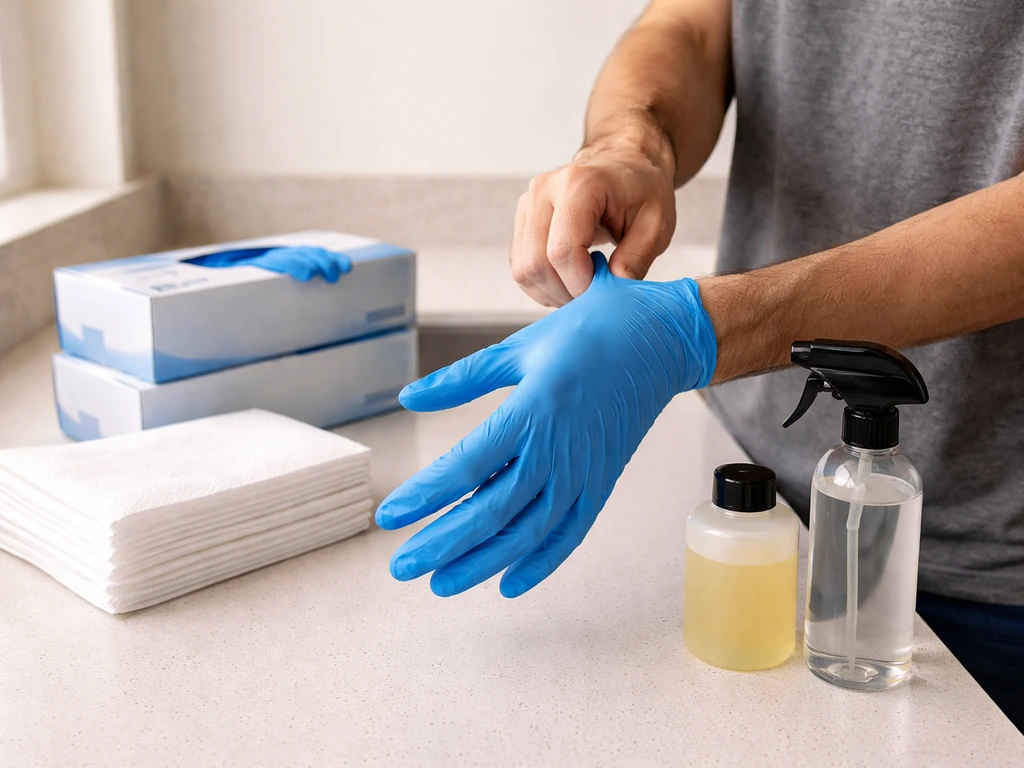 Anonymous hands putting on nitrile gloves with paper towels, spray bottle, and mild soap laid out.