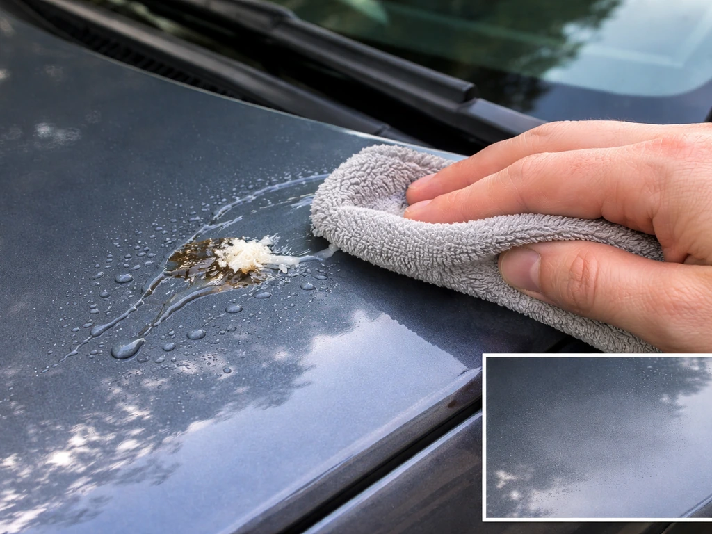 Microfiber cloth wiping soaked bird droppings on glossy car paint; inset shows dull cloudy etch spot.