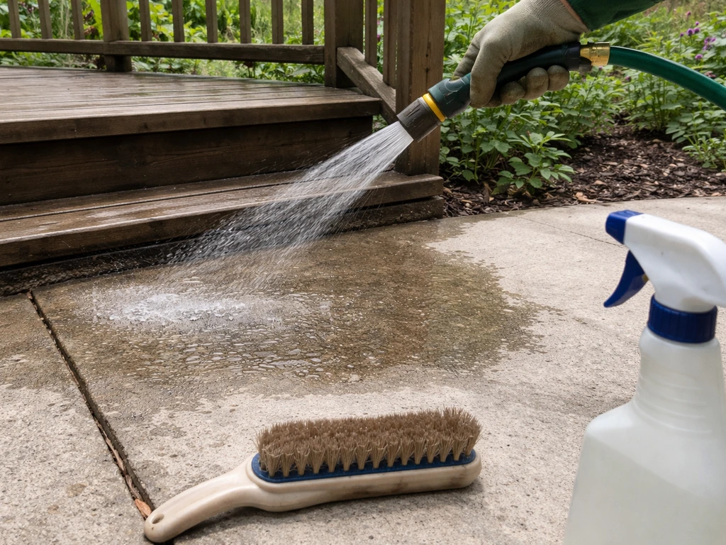 Garden hose waters a small stained concrete patch on an outdoor patio, with a stiff brush ready to scrub.