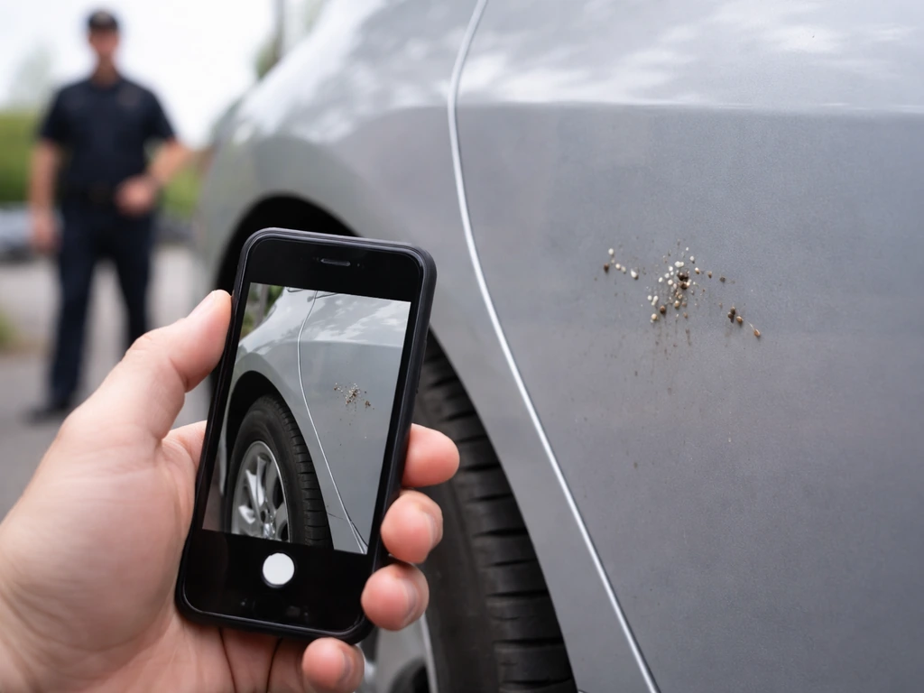 Close-up of a phone taking photo evidence of droppings on a vehicle surface, officer silhouette in background