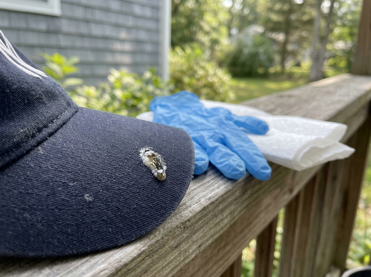 Bird droppings on a hat with gloves and paper towel, showing exposure context.
