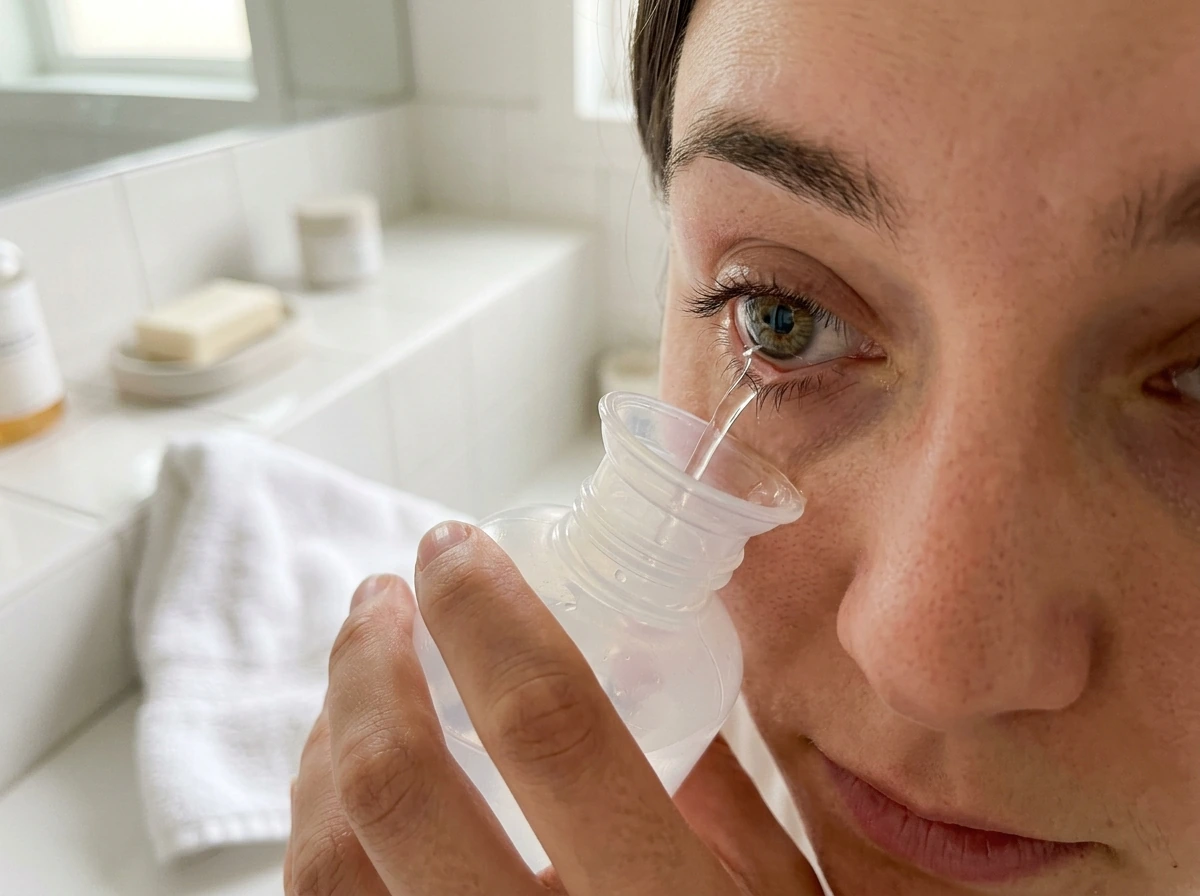 Rinsing an exposed eye with clean lukewarm water from the inner corner.