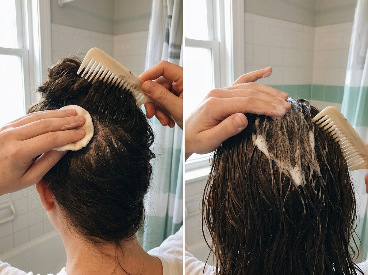 Cleaning bird droppings from scalp and hair with blotting and mild soap.