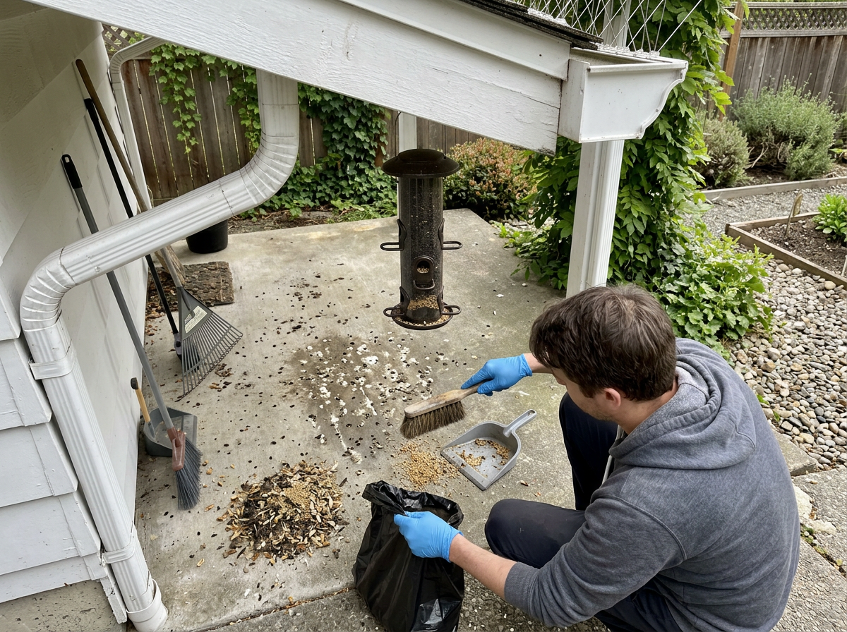 Gloved person cleaning a bird feeder setup under an overhang to prevent exposure.