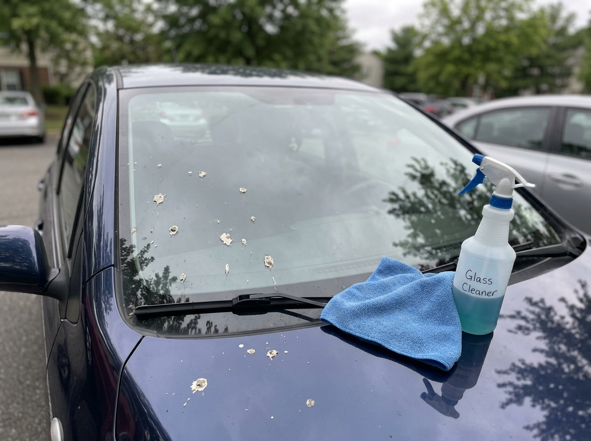 Bird droppings on a car hood/windshield with microfiber cloth for safe cleaning.