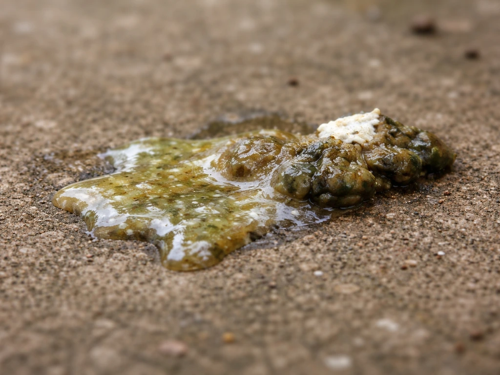Macro view of bird droppings with watery, formless fecal portion and uneven color tones