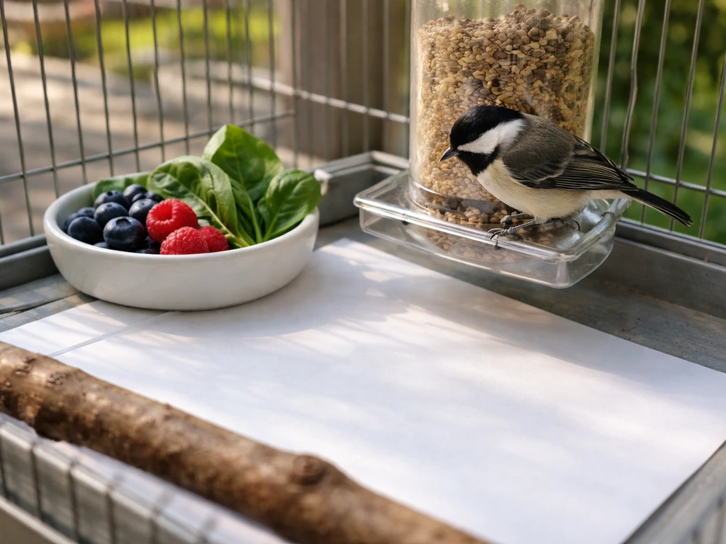 Small bird feeding near fresh produce, with clean cage paper suggesting diet-related runny droppings.
