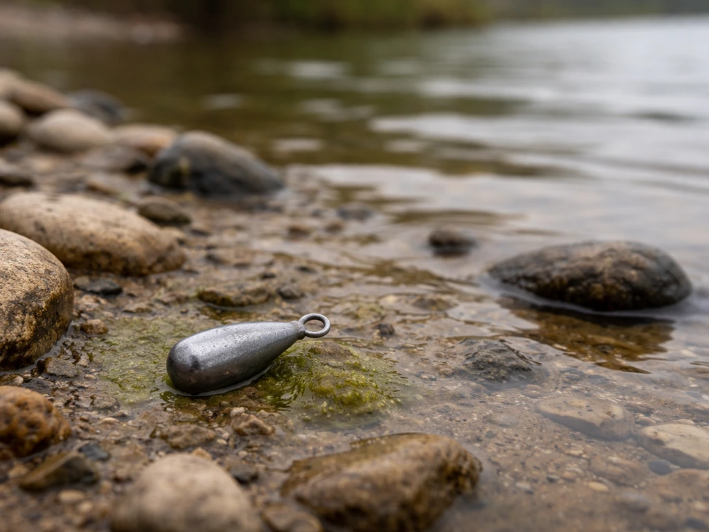 Small lead-like fishing weight near shallow water with faint greenish watery staining on rocks