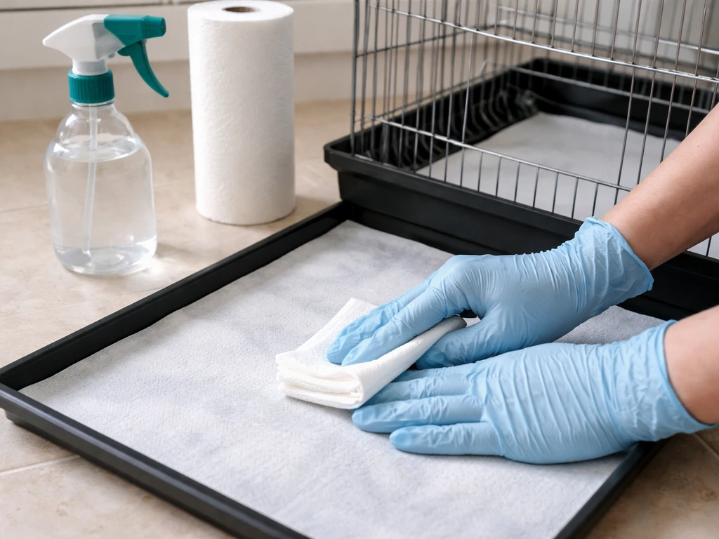 Gloved hands using paper towels to wipe and disinfect a bird cage liner, with a bird-safe spray nearby.