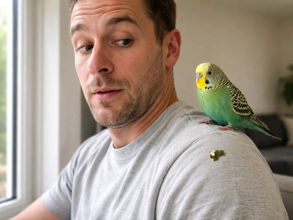 Small pet bird perched on a person’s shoulder with a visible dropping on their shirt