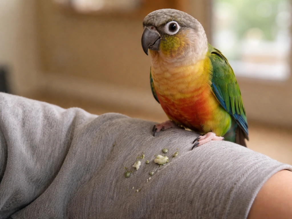 Colorful pet parrot perched on an arm with a few droppings visible near the perch area.