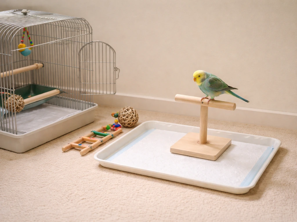 Small parakeet perched over a designated tray beside its cage for safer poop timing and placement.
