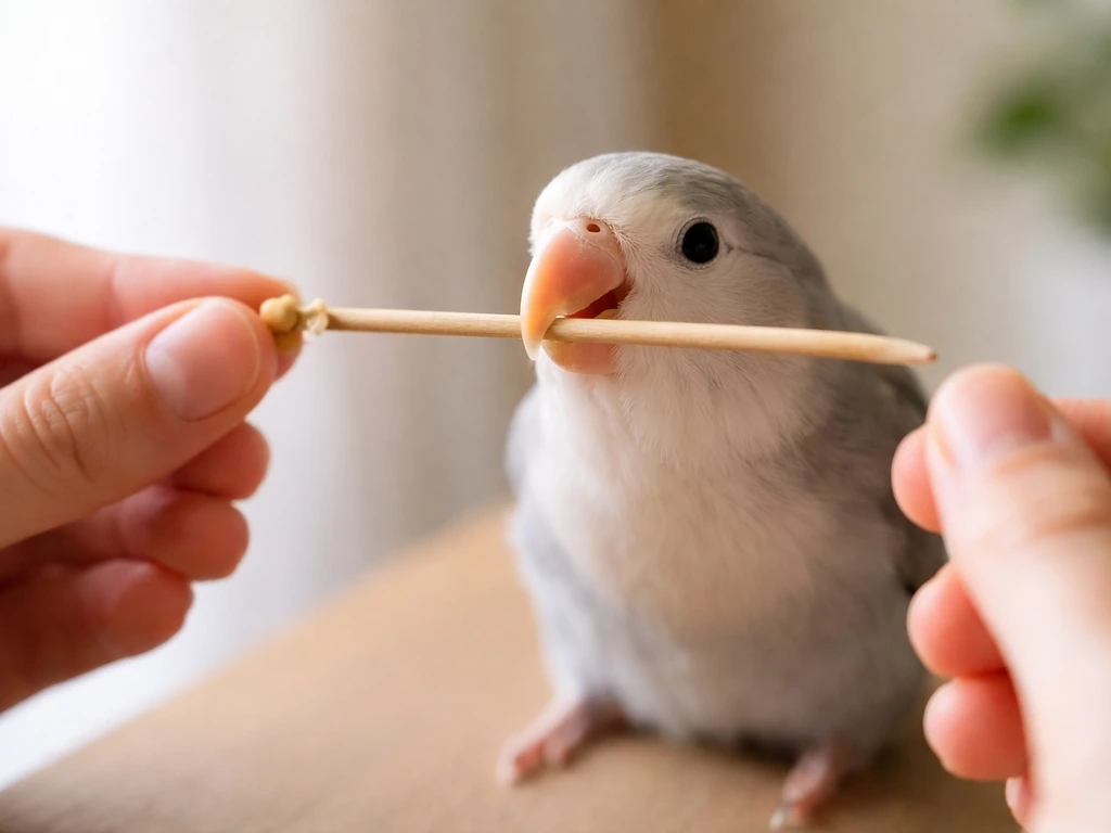 Small pet bird touching a target stick while a handler’s hand holds a treat nearby indoors.