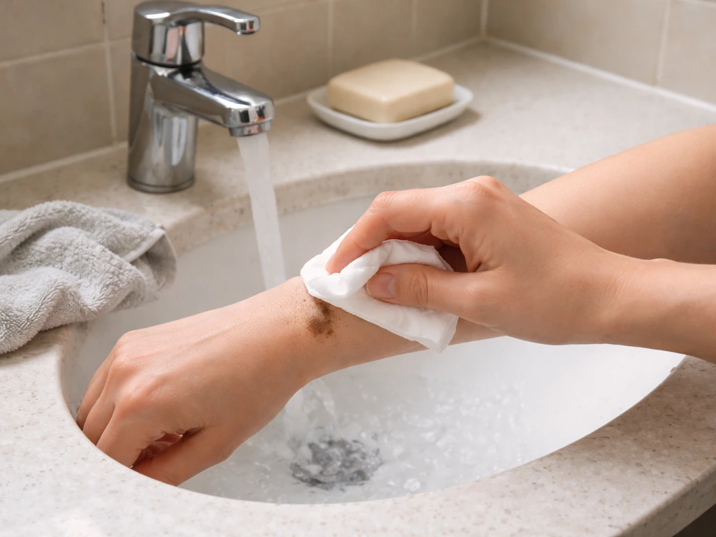 Hands washing after gentle cleanup with tissue and damp cloth beside a sink