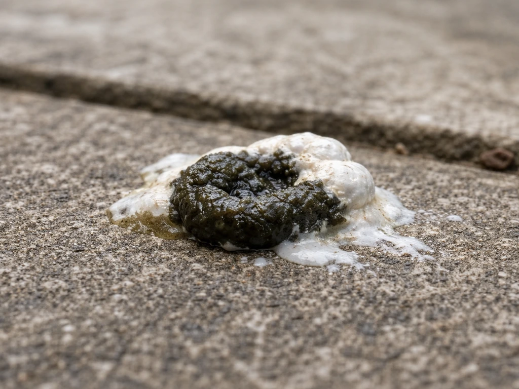 Macro close-up of fresh bird droppings on a ledge, showing dark center and white urate cap.