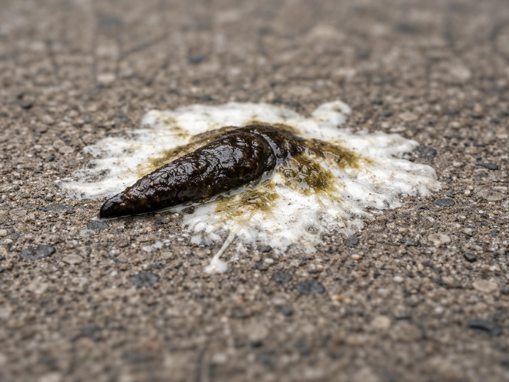 Close-up of bird droppings on pavement showing dark fecal center with white urate cap