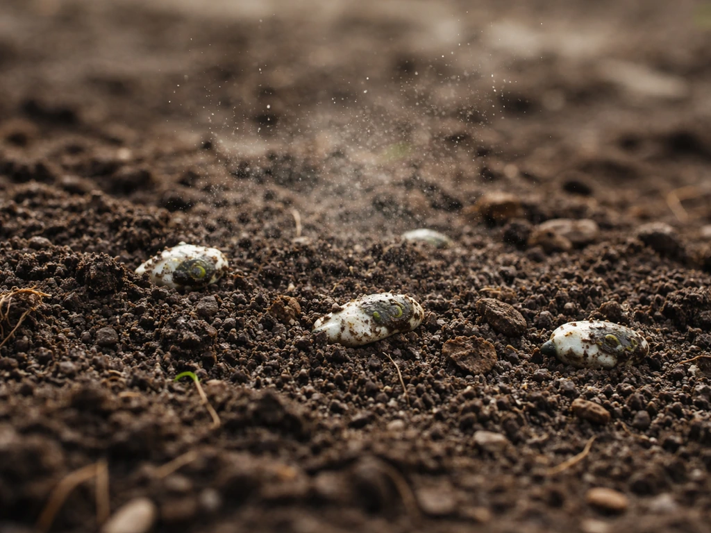 Close-up of dry soil with scattered bird droppings and faint airborne dust-like spores in natural light