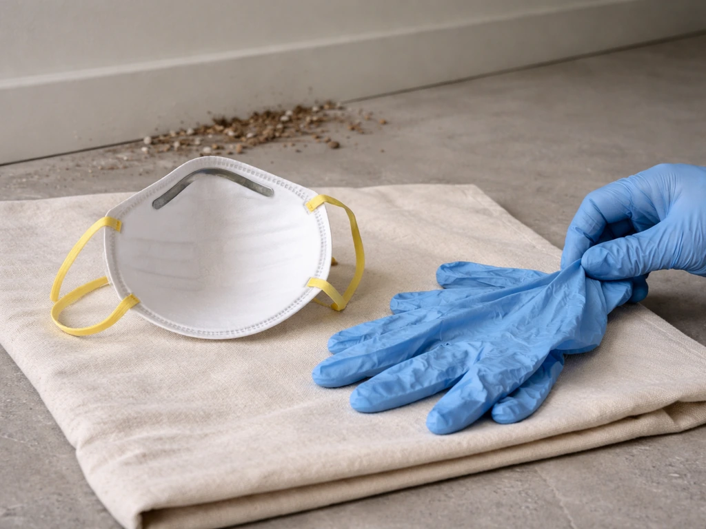 N95 respirator and nitrile gloves laid out beside a cleanup area with bird droppings on a floor