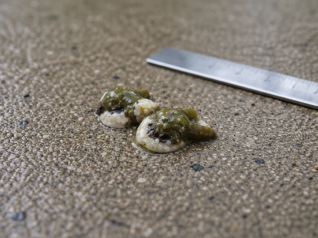 Close-up of green bird droppings on outdoor concrete with a small nearby ruler for scale.