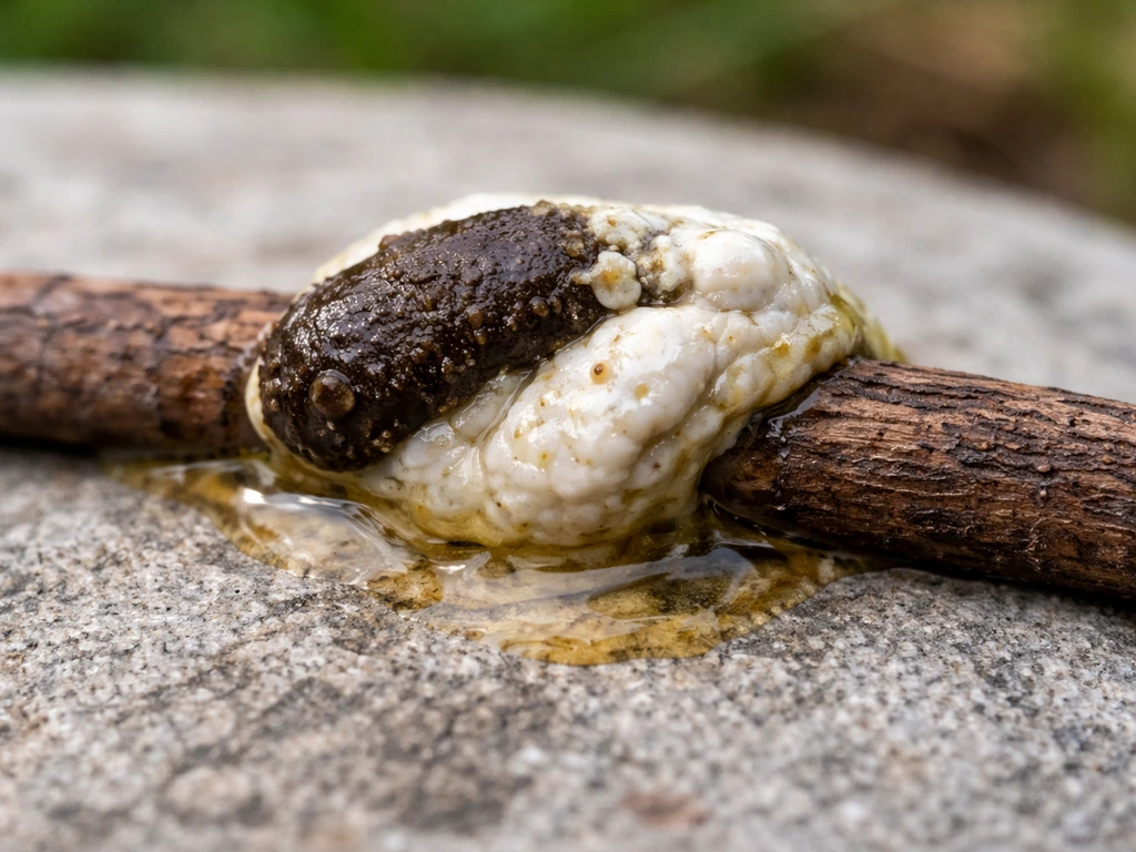 Close-up of a typical healthy bird dropping showing dark solid, chalky white urates, and clear/colored urine.
