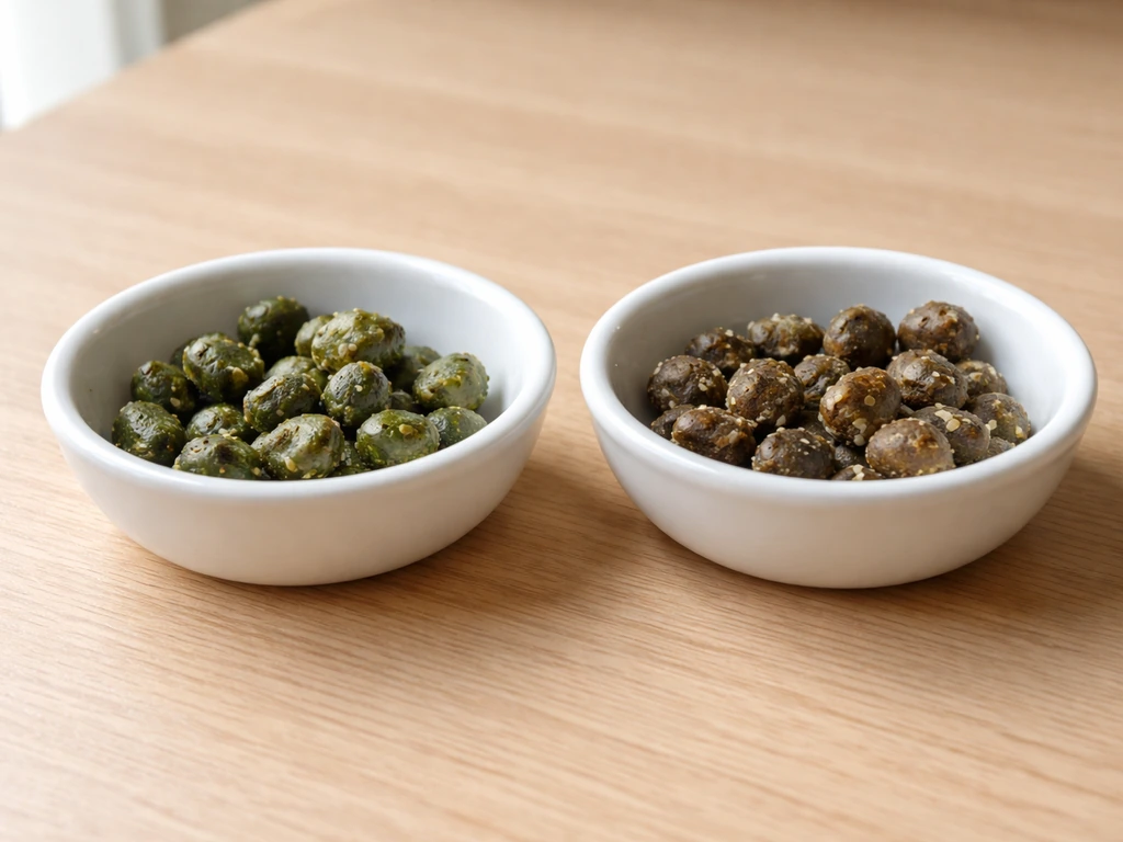 Two close-up bowls showing green-tinted droppings vs typical brown droppings after normal diet