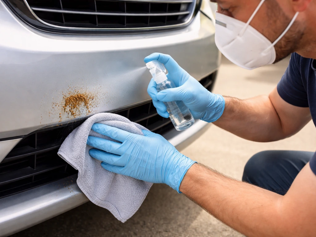 Person wearing disposable gloves and an N95 mask cleaning bird droppings from a car bumper