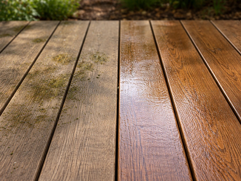 Close-up of patio boards showing green bird droppings removed with an outdoor cleaner, clean area visible beside unclean