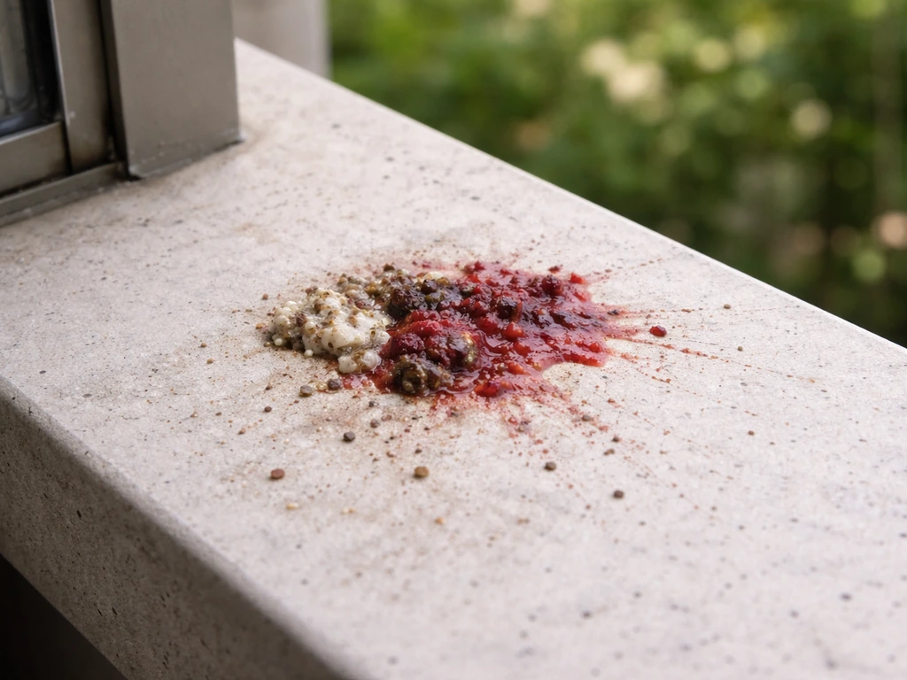 Close-up of a red-tinged bird droppings on a ledge near a home window in natural daylight