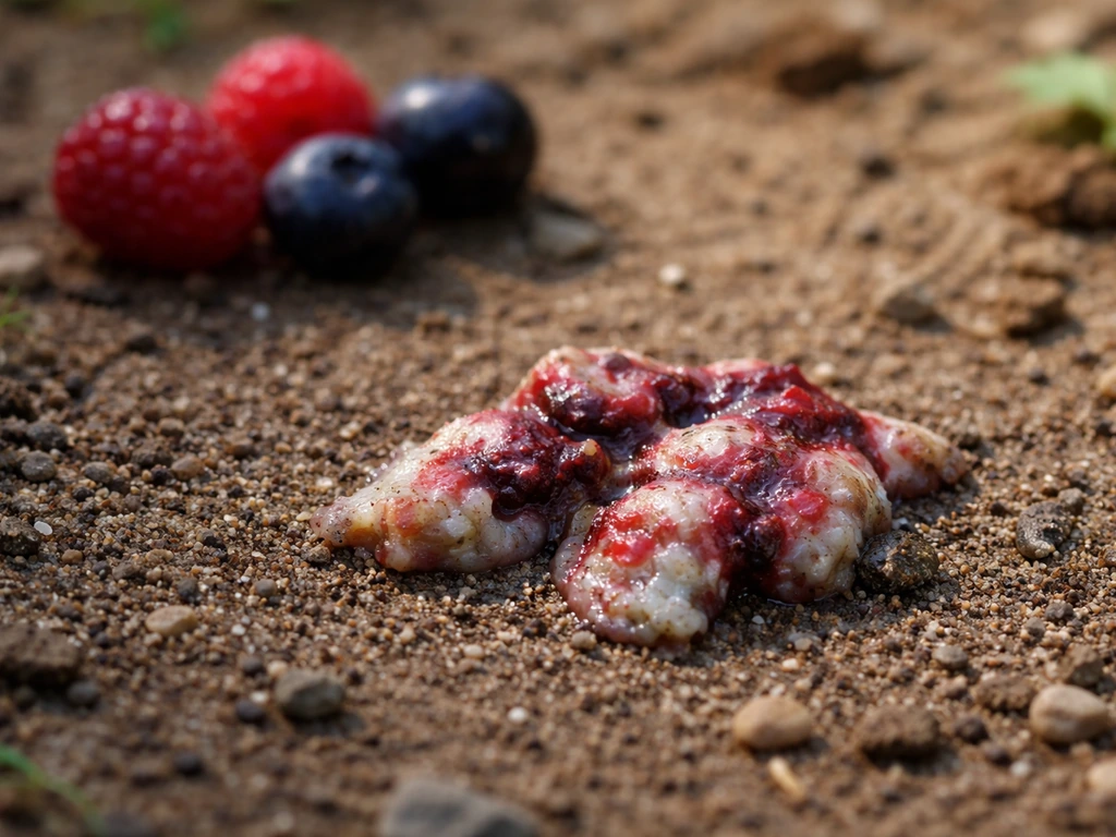 Red-tinged bird droppings close-up beside red and purple berries on natural ground