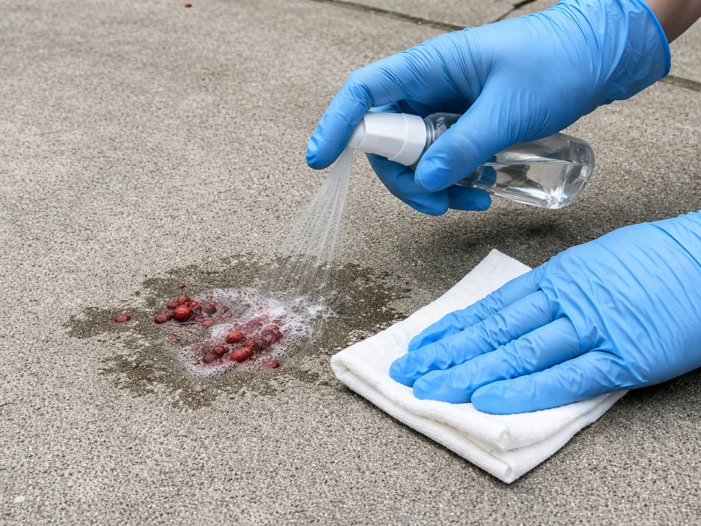 Gloved hands wet-spraying and wiping red bird droppings on a concrete surface