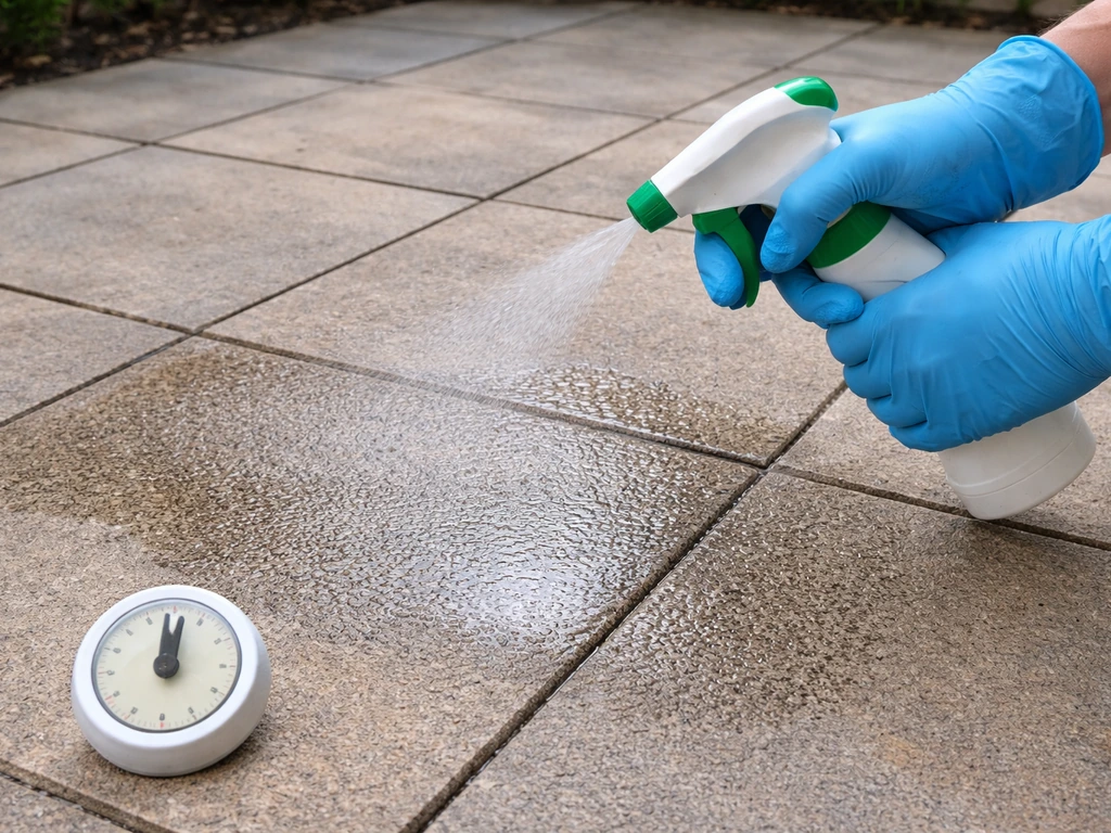 Hands spraying disinfectant on a patio surface with visible wet droplets and a timer nearby