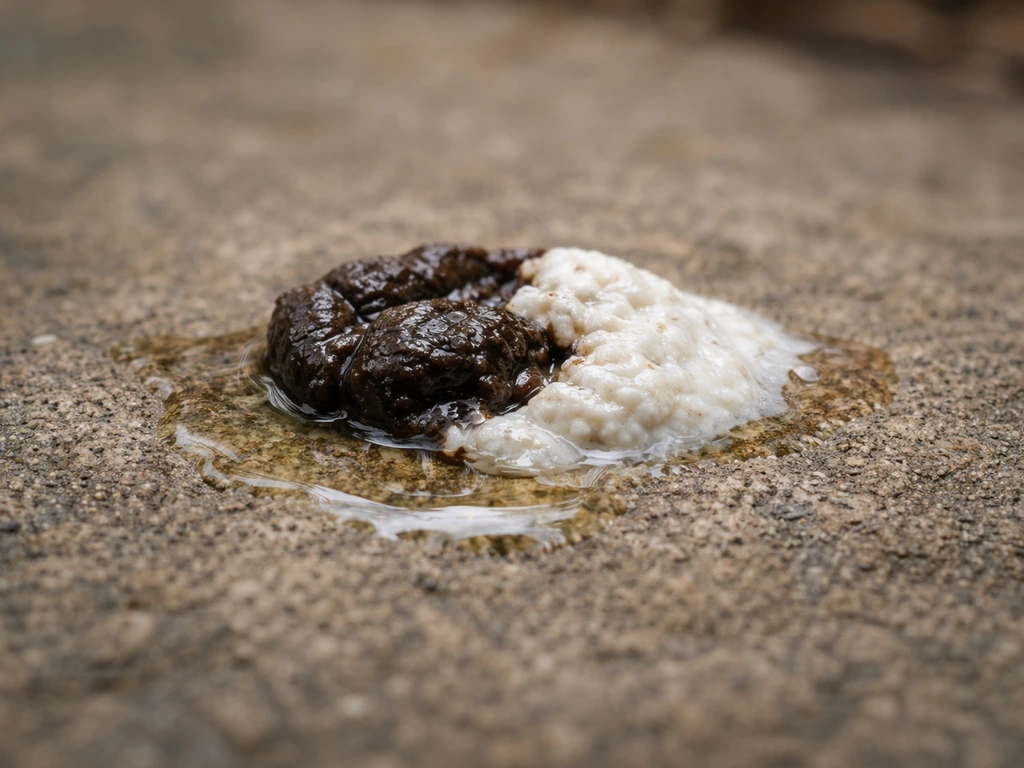 Close-up of a bird dropping with dark feces, pale urate, and watery portion on a natural surface