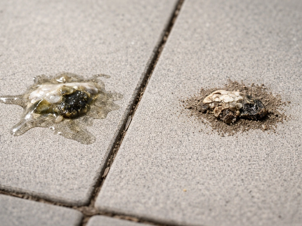 Close-up comparison of fresh wet bird droppings vs dried hardened residue on a patio surface.