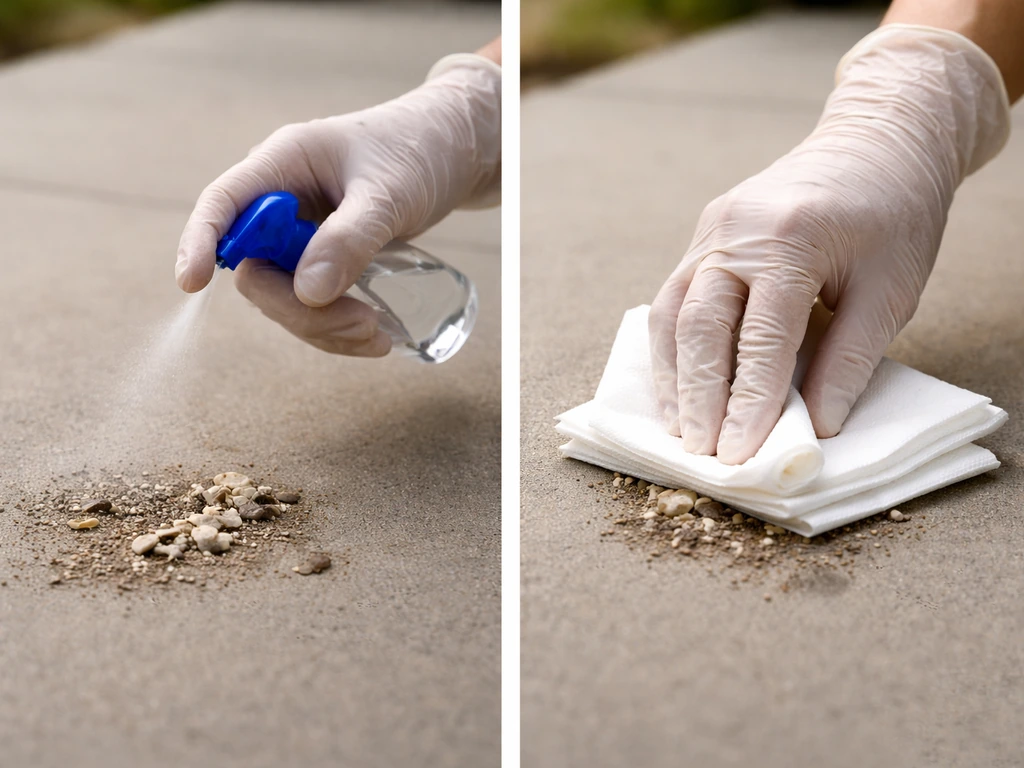 Gloved hands misting dried bird droppings on a concrete patio, then wiping with paper towels