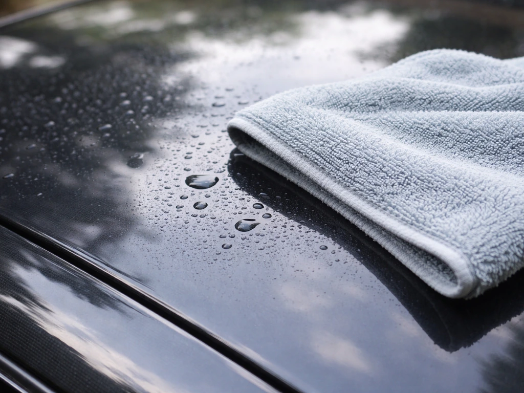 Microfiber cloth gently wiping a glossy car paint surface after wetting, avoiding any scraping.