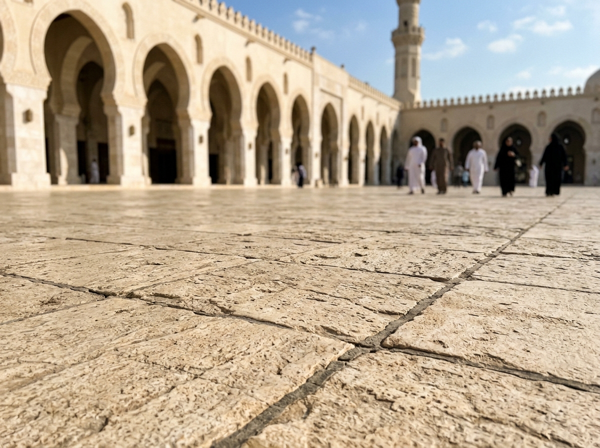 Mecca courtyard walkway with no visible droppings, illustrating the claim vs. reality.