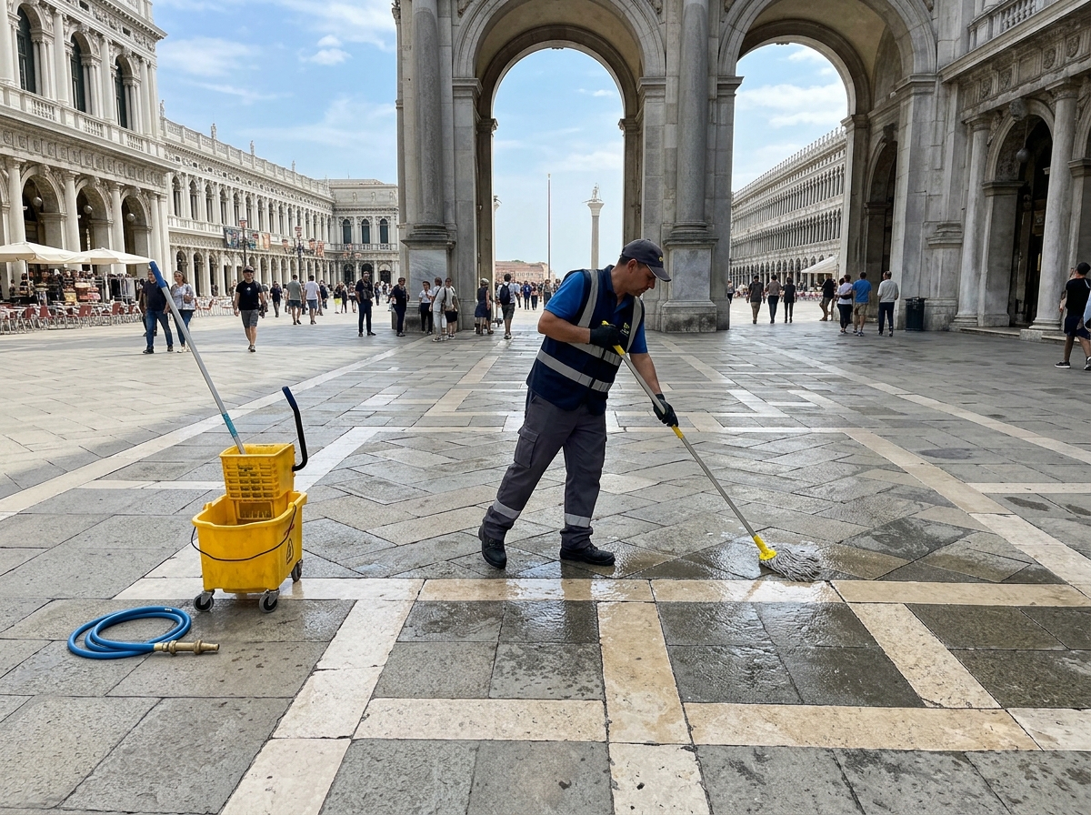 Crowd-cleaning setup at a large open plaza reduces droppings buildup.