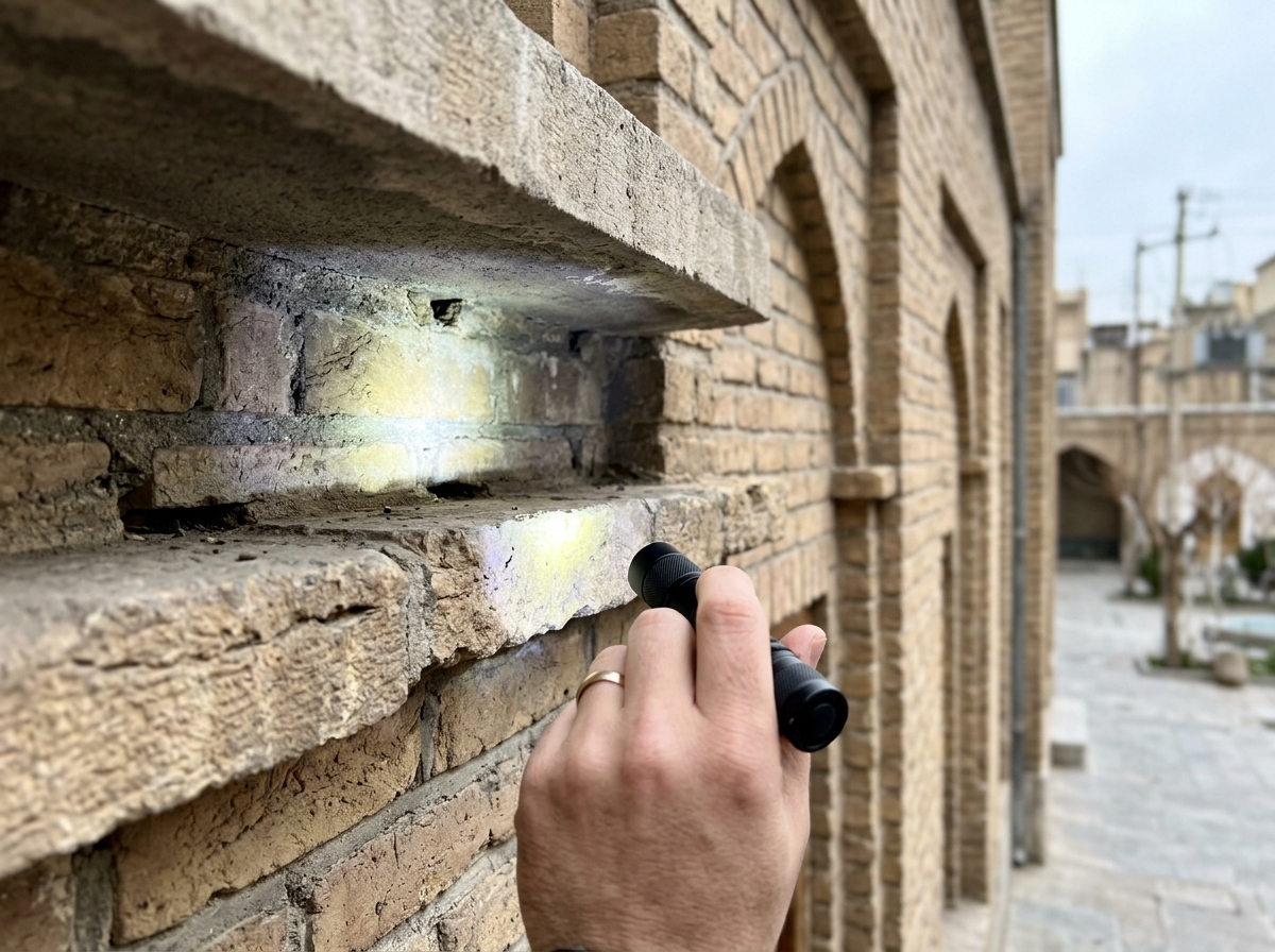 Checklist-style visual: inspecting ledges and overhangs for bird roosting points.