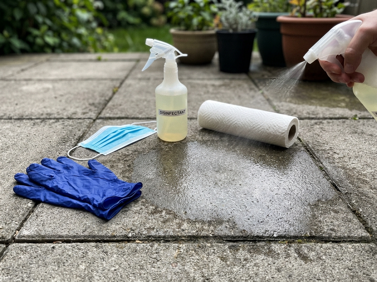 Protective cleaning gear and wet-cleaning steps for bird droppings.