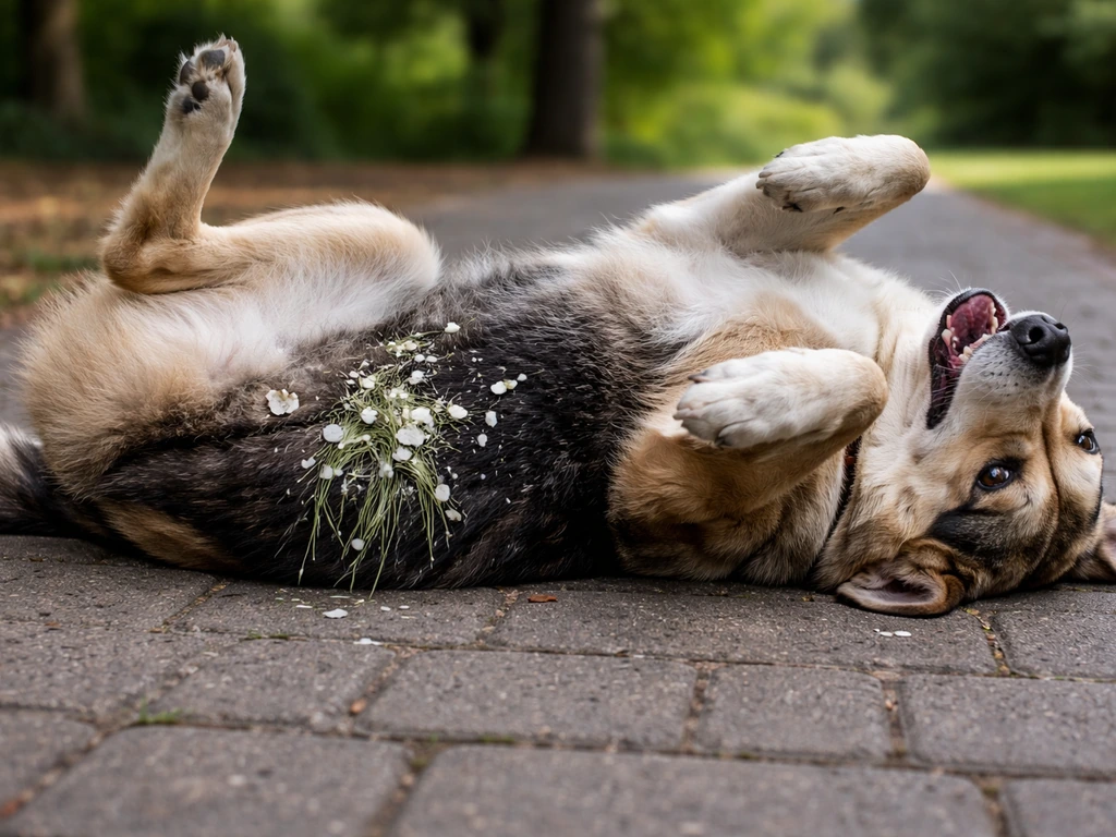 Dog rolling on a park sidewalk with visible bird droppings during the “rolled in bird poop” moment.